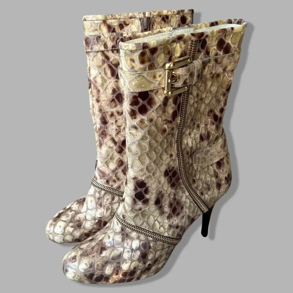 Stuart Weitzman Beige Brown Snakeskin Mid-Calf Heeled Boots with Gold Buckle